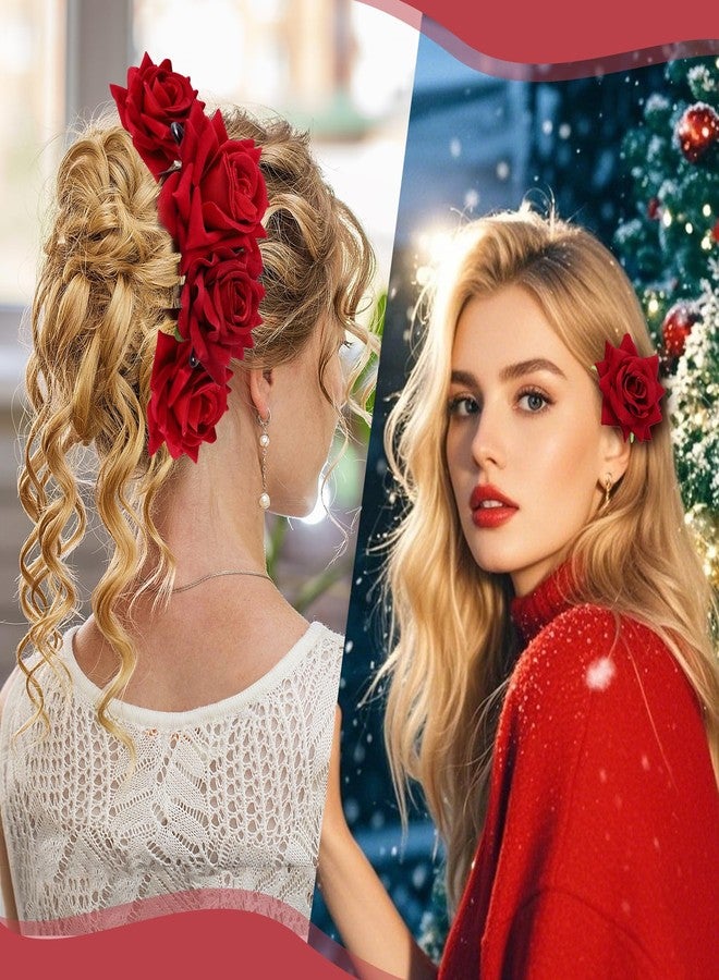 ROBOHOOK 4 Pcs Rose Hair Clip Flowers for Women, Red Flower Accessories Headband Bride Clips Combs Hair Decor for Party Wedding Gift - Image 4